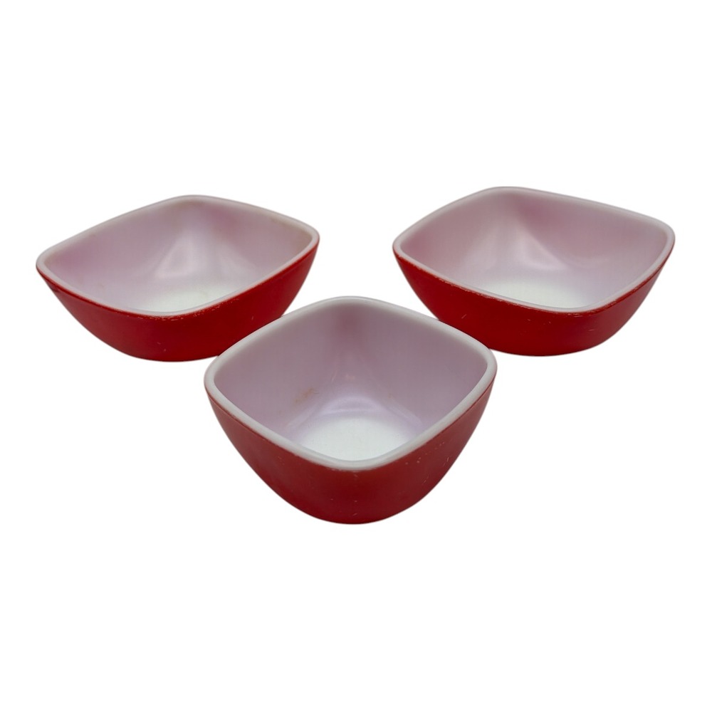 Pyrex Red Milk Glass Bowl Set/2 410-12 4 3/8" x 4 3/8" & 1 - 3 5/8" x 3 5/8" EUC